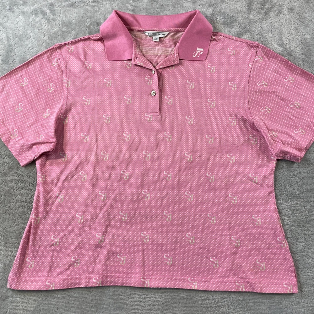 St John Sport Polo Shirt Womens Large Pink Monogram Knit Preppy Short Sleeve